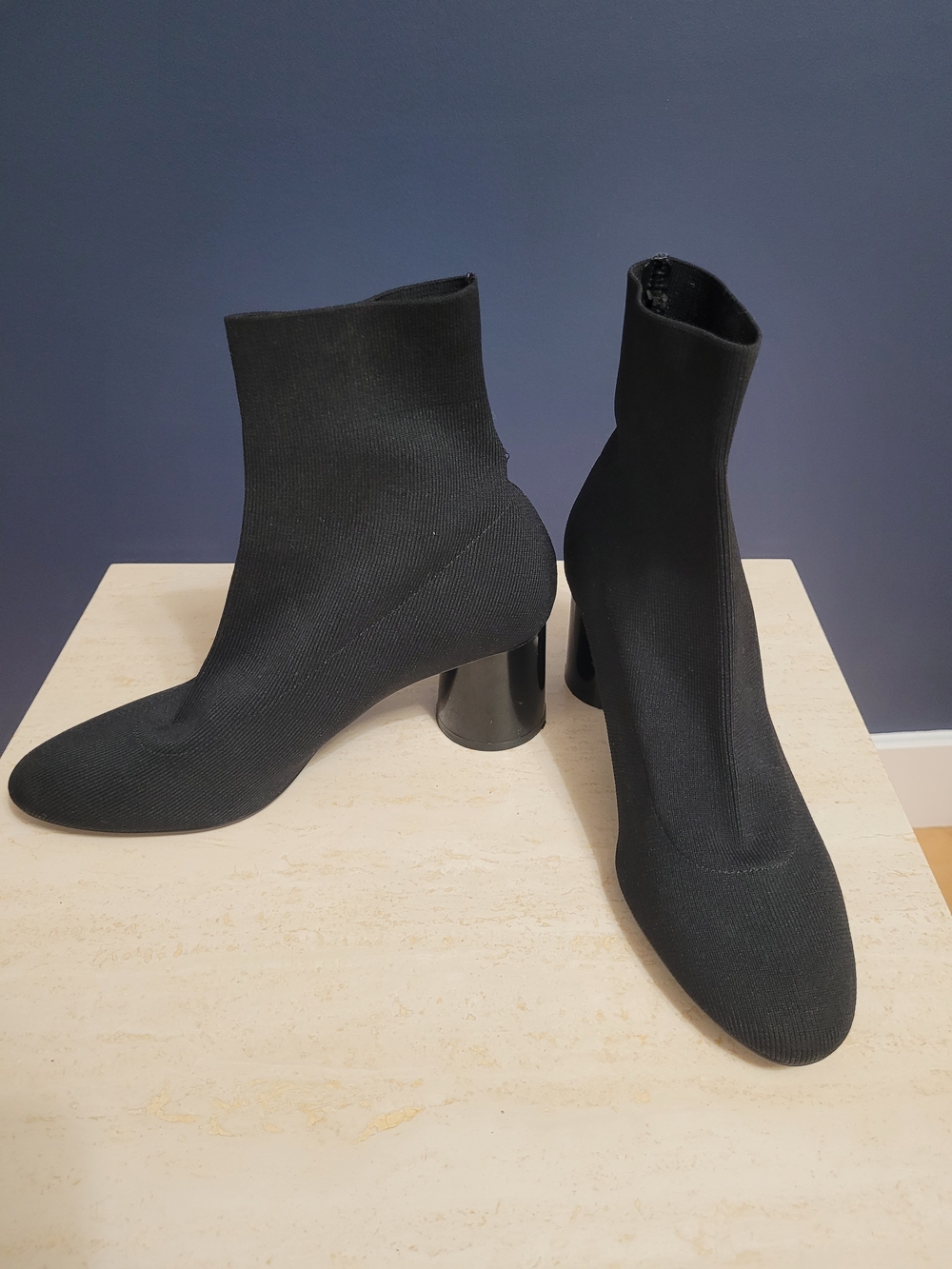 Zara Black Stretch-Knit Ankle Boots with Round Block Heel - Size EU 37 -US 6.5-7
